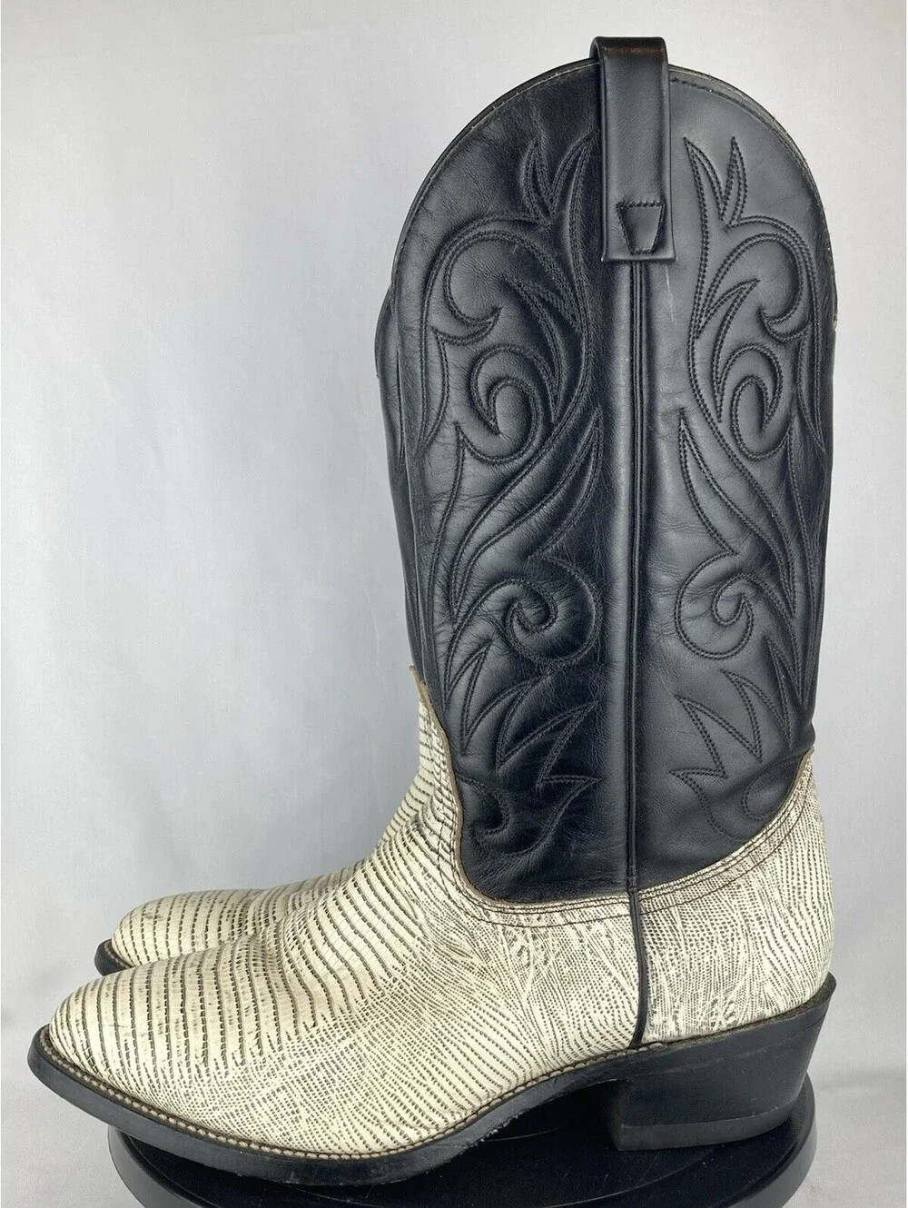 Mens 8.5 3E Extra Wide Vintage Lizard Print Cowboy Boots Black White Western USA